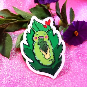 Kawaii Green Caterpillar & Hearts Vinyl Sticker