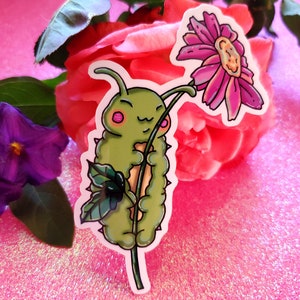 Cute Kawaii Little Green Caterpillar With Flower Vinyl Sticker