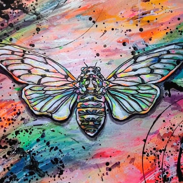 Colorful Paint Splatter Ghost Cicada ORIGINAL Painting Glow in the Dark