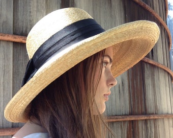 Large Natural Fine Straw Brim sun hat with Black Petersham trim and bow handmade by me