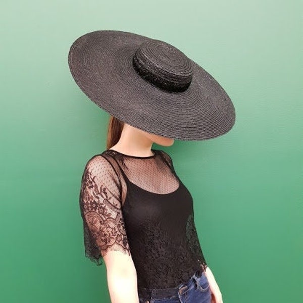 Big Beautiful Retro Style 1940's Sun Hat stylish Cartwheel Handmade Black Hat straw Platter Hat Sun Hat Italian Straw