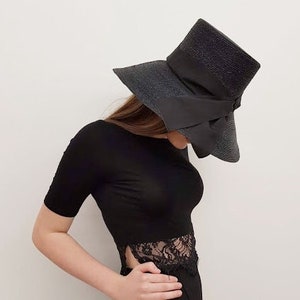1950s style retro Sun Hat stylish Handmade classic Black Hat straw down turned brim Sun Hat Italian Straw