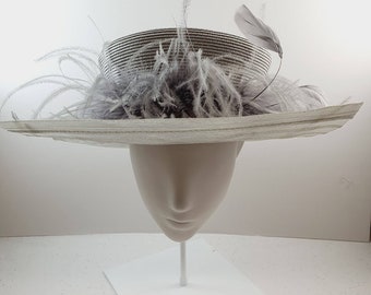 Vintage 1980s Flared Crown Straw Cartwheel Hat Silver Grey straw with Ostrich Feather Trim