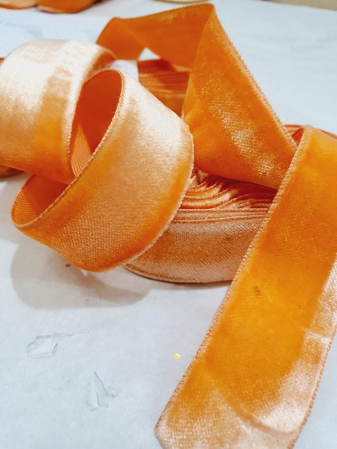 Vintage Aged Velvet Ribbon Orange Dress Sash Belt Hat Making Doll 25mm Rayon soft 1940s