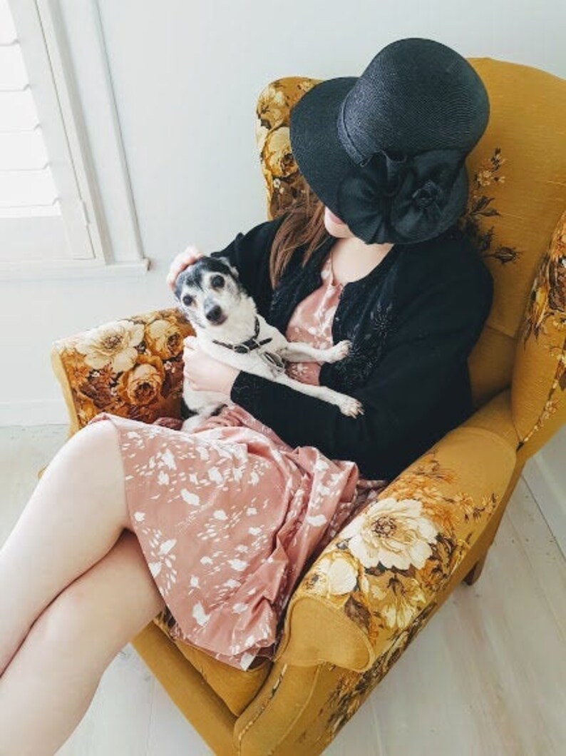 1920/'s Style Cloch\u0117 Hat Black Fine Straw with Black Fine Straw Trim Rosette handmade by me