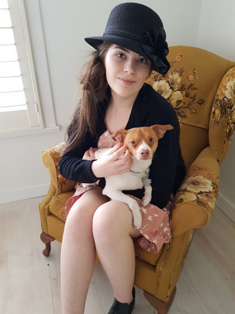 1920/'s Style Cloch\u0117 Hat Black Fine Straw with Black Fine Straw Trim Rosette handmade by me
