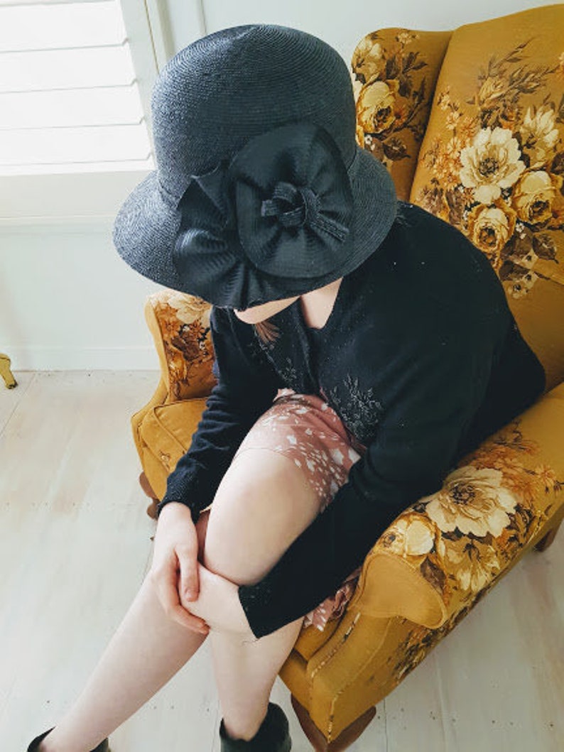 1920/'s Style Cloch\u0117 Hat Black Fine Straw with Black Fine Straw Trim Rosette handmade by me