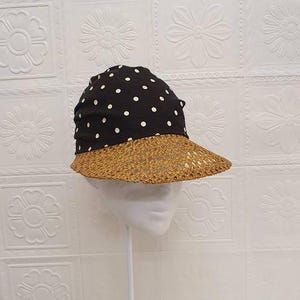 Saks Fifth Avenue 1960s Straw and Polka Dot Visor Style Hat holiday straw with black and white trim