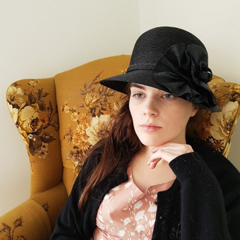 1920/'s Style Cloch\u0117 Hat Black Fine Straw with Black Fine Straw Trim Rosette handmade by me