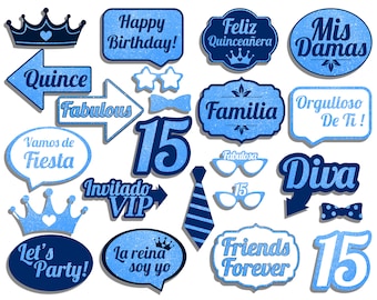 Funkelnde Blaue Quinceañera Photo Booth Requisiten
