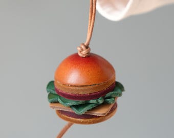 Handmade Leather Burger Keychain, Unique Foodie Gift
