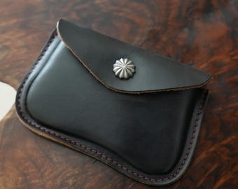 Handmade Horween Leather Card Wallet, Black CXL, Wine Red Thread