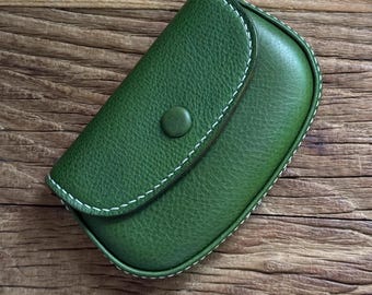 Handmade Moss Green Leather Card Holder, Snap Closure