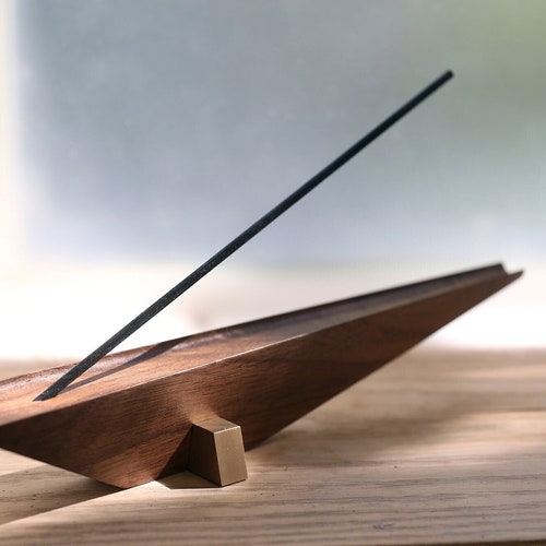 Walnut Wood Incense Holder, Walnut Wood Incense Holder, Bubinga Wood Incense Holder Burner w/ Brass Base, Wooden Incense Stick Holder Burner