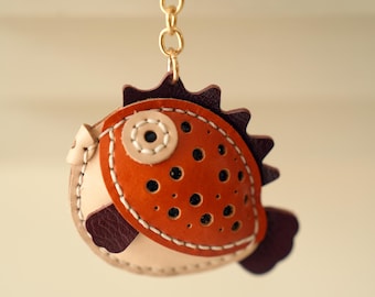 Handmade Leather Pufferfish Keychain, Bag Charm, Animal Lover Gift