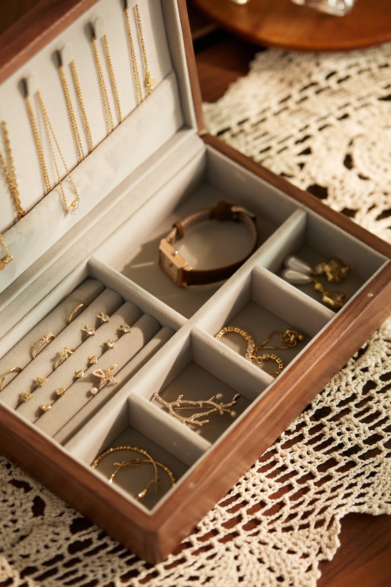 Wooden Jewelry Box, Jewelry Organizer, Walnut Jewelry Box, Cherry Wood Jewelry Box, w/ Ring Cushions, Bracelets, Earring, Necklace Storage