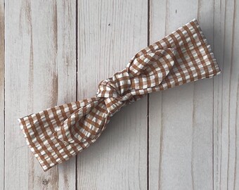 Knotted bow gingham headband for baby • Boho cottage core stretch headband for toddler • Adorable baby baby shower gift • Rust