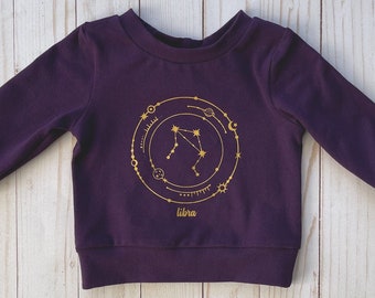 Custom horoscope constellation • Astrology baby shower gift • Dark purple graphic sweater • Crew neck zodiac sweater for baby and toddler