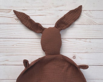 Bunny lovey baby shower gift • Boho minimalist nursery decor • Gender neutral gift for new parents • Cotton bunny security blanket • Toffee