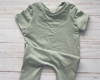 Pull on bamboo romper for baby • No snaps ultra-soft bamboo toddler one-piece • Sage