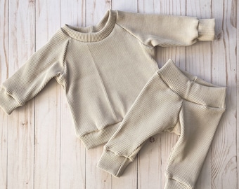 Cozy cotton waffle track suit set for baby • Gender neutral minimalist set for toddler • matching pant and sweater baby shower gift • Beige