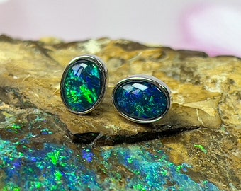 Sterling Silver Bezel Studs, 8x6mm  Natural Triplet Opal Earrings, Handmade Dainty Birthstone Jewelry, Perfect Gift for Her