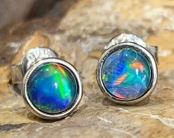 ROUND OPAL STUDS | Sterling Sliver Danity Opal Stud Earrings set in Bezel | Minimalist Earrings perfect for Birthday Gift