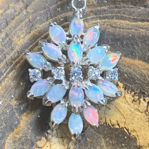 SILVER NECKLACE | Sterling Silver Natural White Opal Flower Pendant | Floral Statement Necklace for Birthstone jewellery
