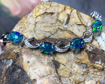 Pulsera de ópalo natural - Pulsera de plata de ley para mujer. Pulseras para mujer con tripletes de ópalo azul o negro de 7 x 5 mm. Ideal para mujer.