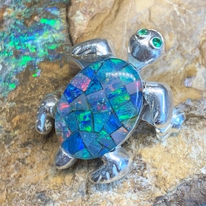 TURTLE BROOCH PENDANT | Sea Turtle Natural Opal Mosaic Brooch Pendant | Australian Opal Mosaic Turtle Pin Brooch | Turtle gift