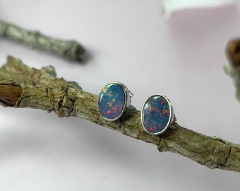 Sterling Silver Opal Doublet Stud Earrings - Handmade Minimalist Jewelry