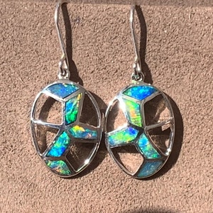 OPAL DANGLE EARRINGS | Sterling Silver Natural Opal Inlay Drop Earrings | Geometrical Opal Inlay Hook Earrings