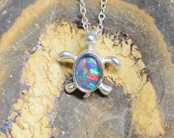 SEA TURTLE NECKLACE | Sterling Silver Natural Australian Opal Turtle pendant | Sea Turtle Necklace for your Best Friend Opal triplet 6x4mm
