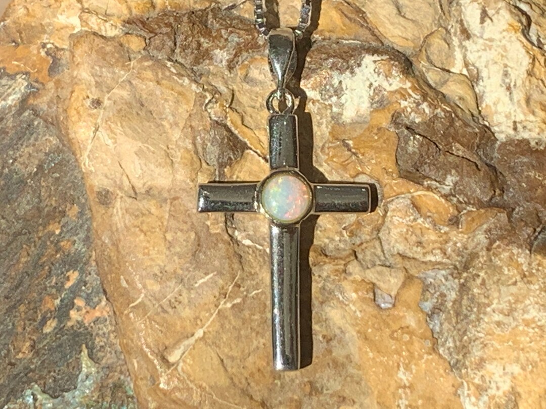 OPAL CROSS NECKLACE Silver Cross Natural Australian Opal Pendant