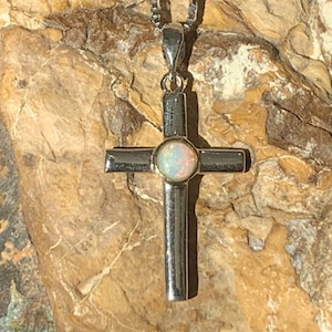 OPAL CROSS NECKLACE | Silver Cross Natural Australian Opal Pendant |  Sterling Silver Dainty Round Opal Necklace | Cross Minimalist Necklace