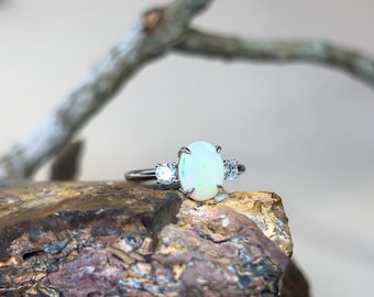 Australian White Opal Sterling Silver Ring, Cubic Zirconia Trilogy