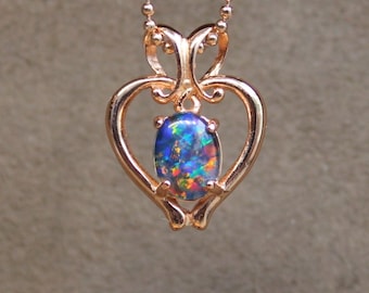 Collar con colgante de corazón de ópalo, plata de ley chapada en oro rosa, triplete de ópalo australiano