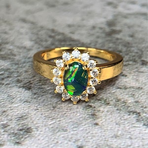 Gold Plated Silver cluster Natural Opal triplet 7x5mm ring | Brilliant Opal Jewelry|
