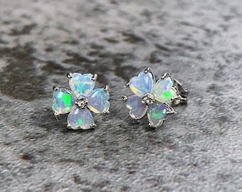 Pendientes de flor de ópalo / Pendientes de corazón de plata de ley, ópalo australiano