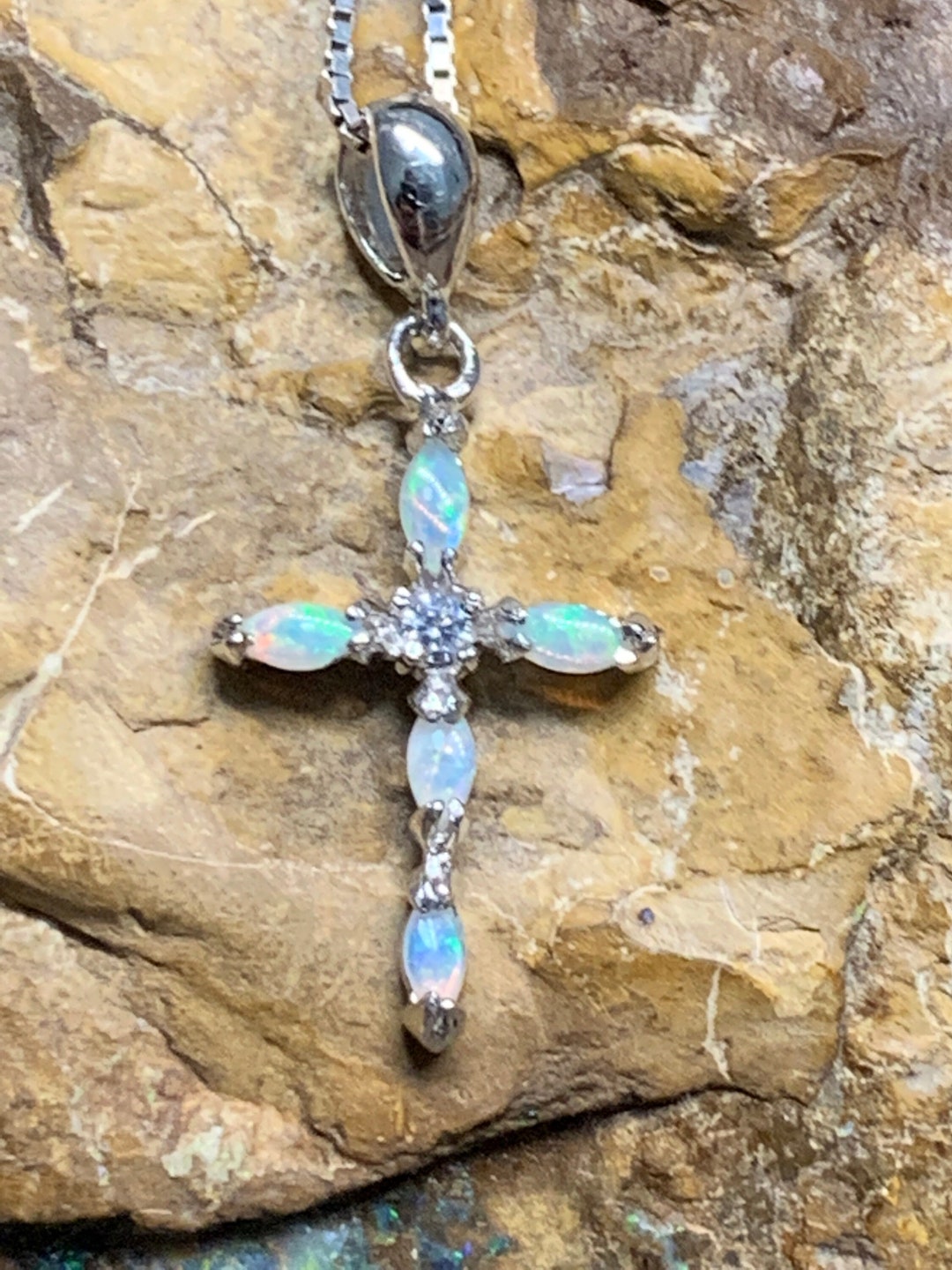 OPAL CROSS NECKLACE Sterling Silver Dainty Natural Opal Necklace Cross