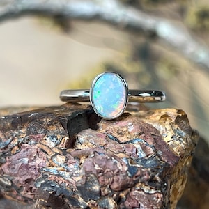 Sterling Silver Solitaire Ring - 10x8mm Natural White Opal, Bezel Set, Minimalist Gemstone Jewelry, Ideal Gift for Her, Opal Ring
