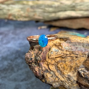 Rose Gold plated silver solitaire 8x6mm Natural Opal triplet ring