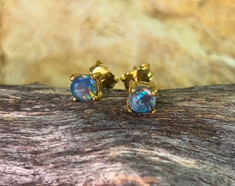 DAINTY OPAL EARRINGS in Gold Plated Silver - Minimalist Style Jewelry | Natural Opal Studs  4mm Gold Round studs