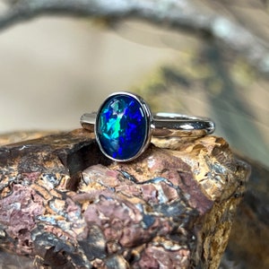 Natural Triplet Opal Ring in Sterling Silver - Dainty Women&#39;s Blue, Silver & Gold Opal Jewelry Ring 8x6mm