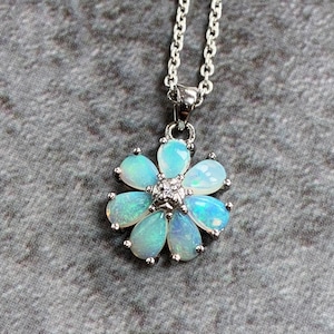 OPAL FLOWER NECKLACE | Sterling Silver Natural white Opal Flower pendant necklace | Silver White Opal floral necklace for her