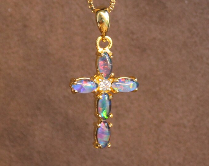 OPAL CROSS NECKLACE Gold Over Sterling Silver Opal Pendant Gold Cross