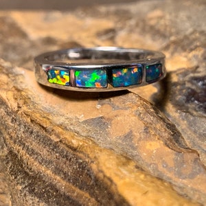 GOLD OPAL RING | Natural Opal Inlay Band Ring | 14kt White Gold  Fire Opal Colour