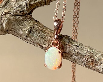 Rose Gold Opal Pendant Necklace, Sterling Silver, October Birthstone