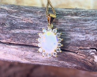 Natural Opal Pendant, 8x6mm – Stunning Yellow Gold Plated Cluster, Gift for He