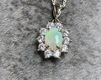Sterling Silver cluster design 8x6mm Natural White opal pendant